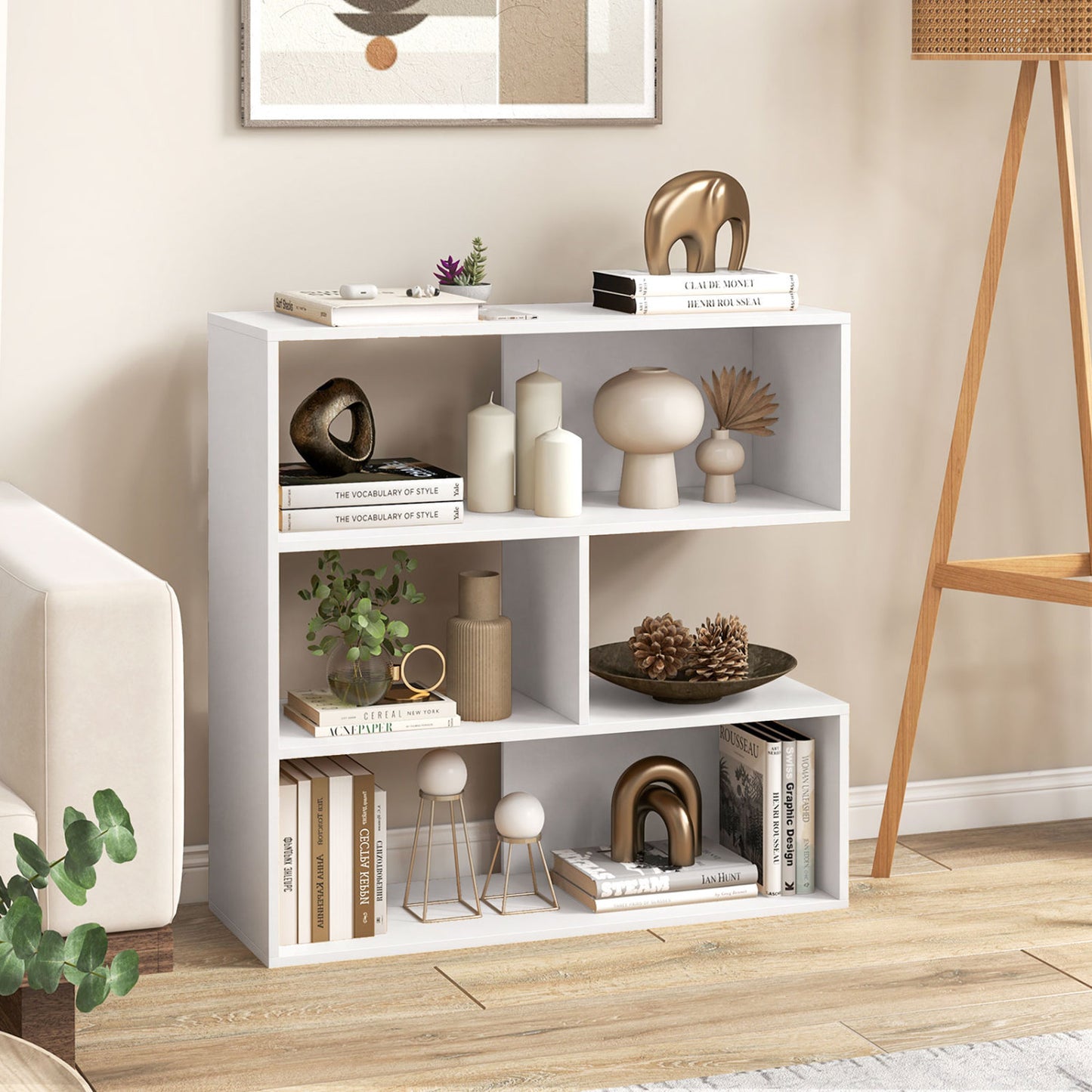 Concave Bookshelf with 3 Open Shelves & Anti-Toppling Device for Living Room-White