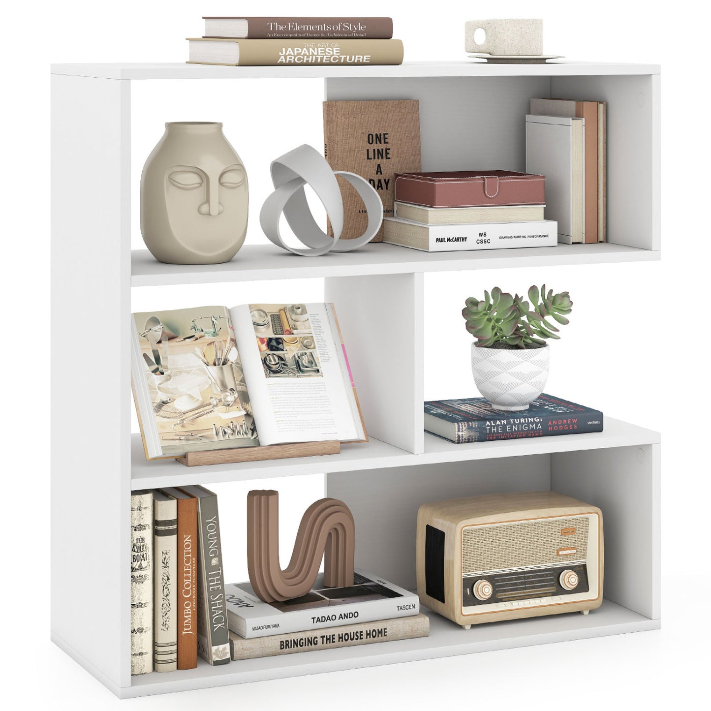 Concave Bookshelf with 3 Open Shelves & Anti-Toppling Device for Living Room-White