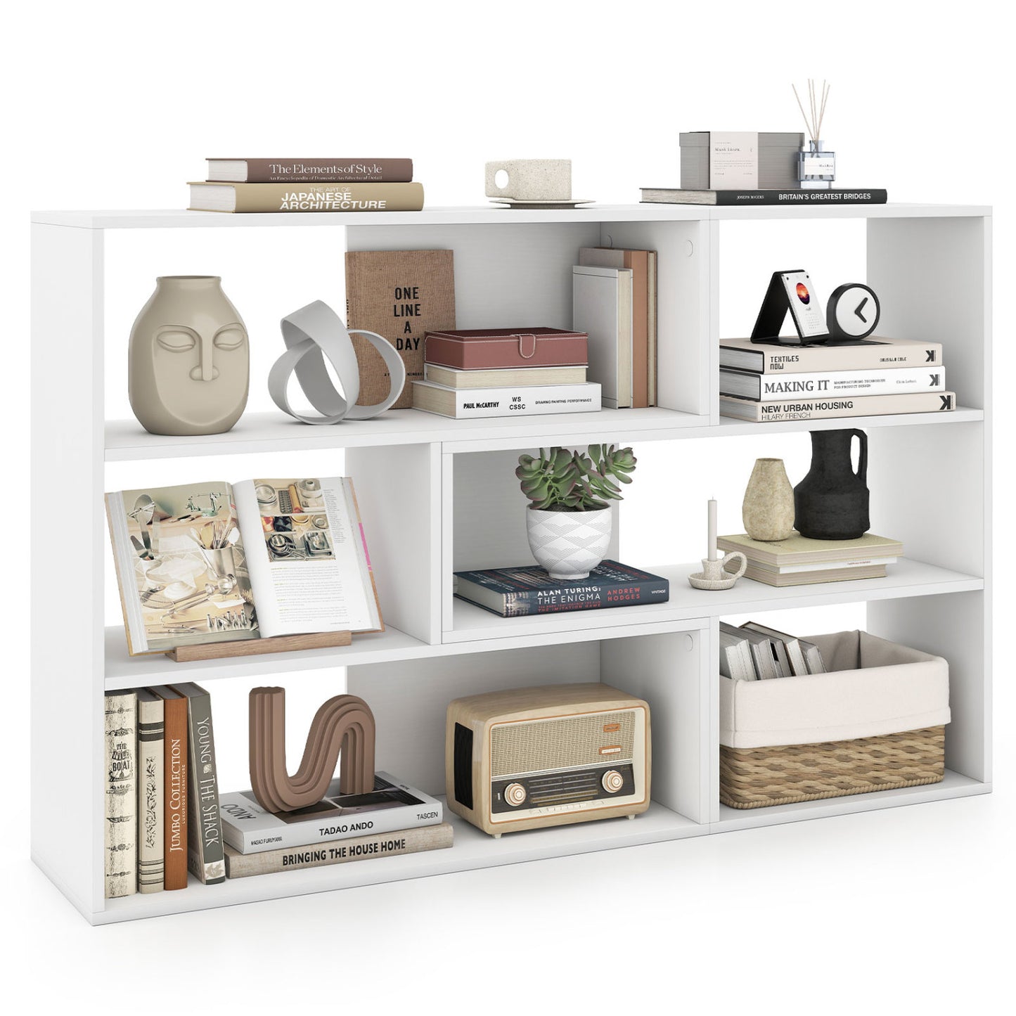Concave & Convex Bookshelf Set with 3 Open Shelves & Anti-Toppling Device for Living Room-White