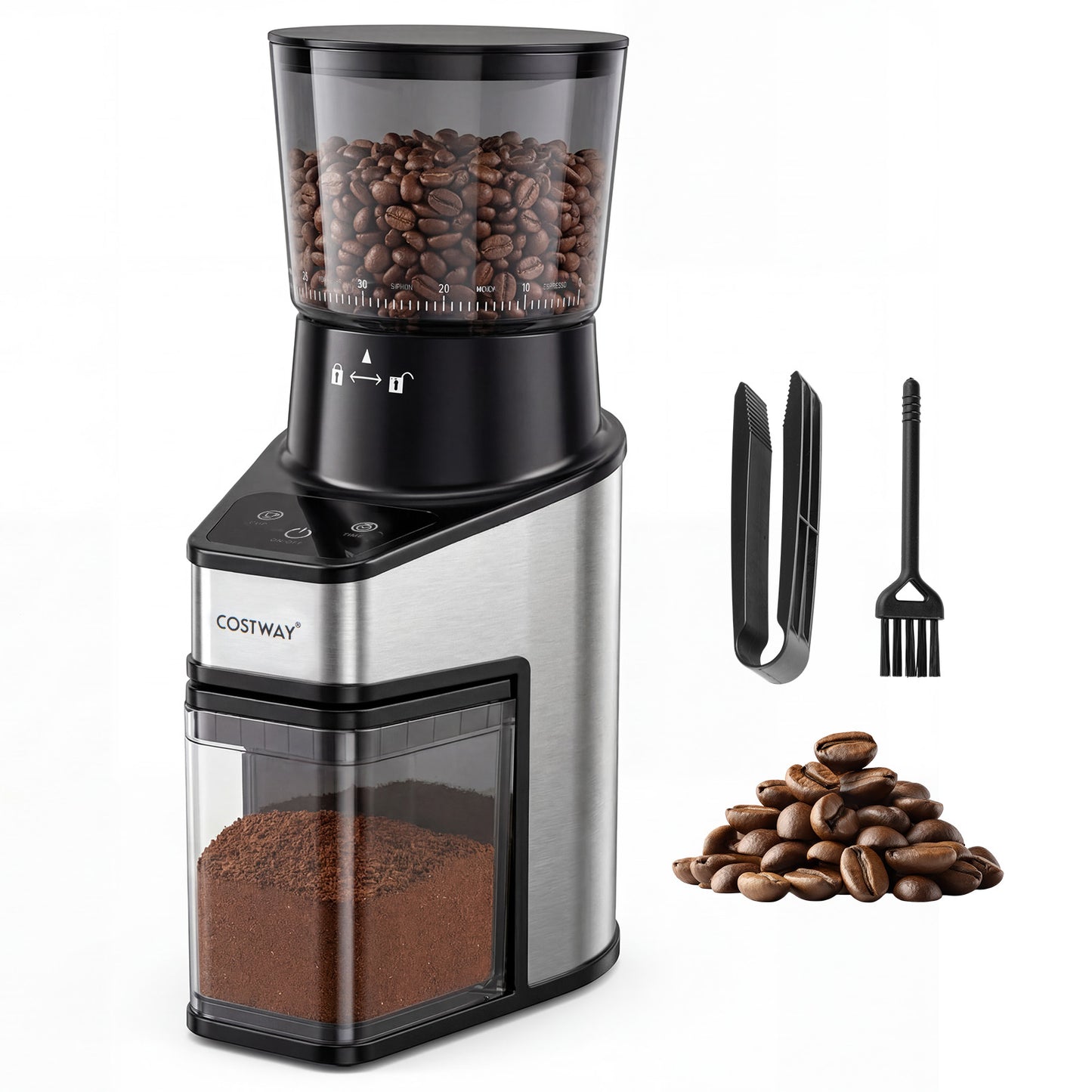 Conical Burr Coffee Grinder with 60 Precise Grinding Settings and Digital Display-Silver