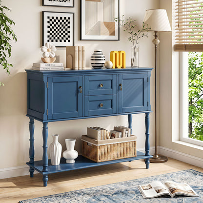 Console Table with 2 Drawers and 2 Door Cabinets and Bottom Storage Shelf-Black
