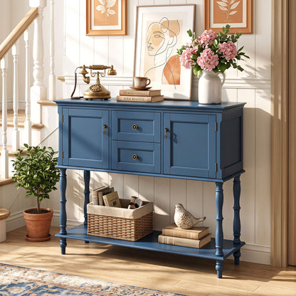 Console Table with 2 Drawers and 2 Door Cabinets and Bottom Storage Shelf-Black
