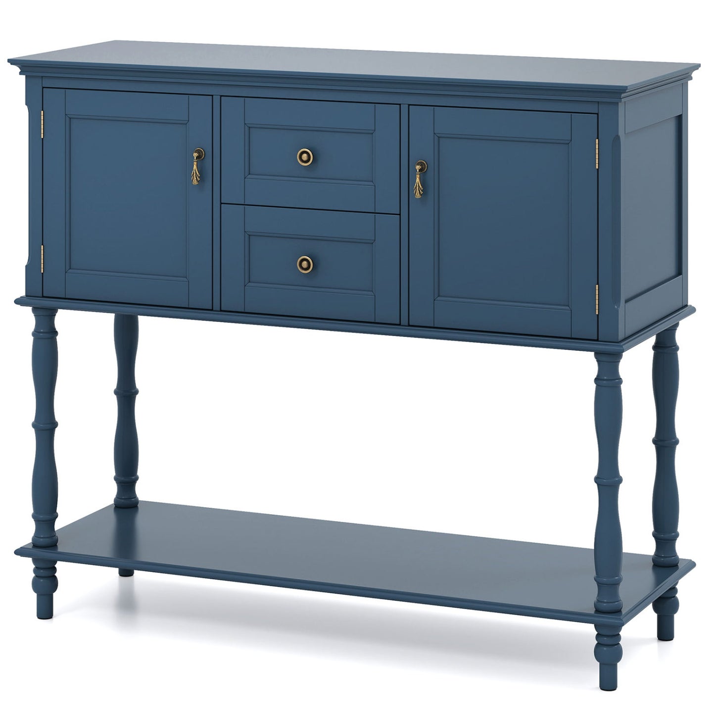 Console Table with 2 Drawers and 2 Door Cabinets and Bottom Storage Shelf-Black