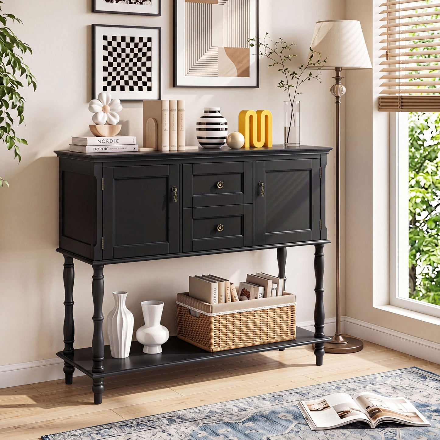 Console Table with 2 Drawers and 2 Door Cabinets and Bottom Storage Shelf-Black