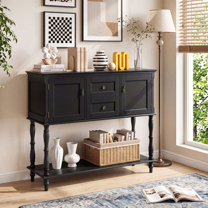 Console Table with 2 Drawers and 2 Door Cabinets and Bottom Storage Shelf-Black