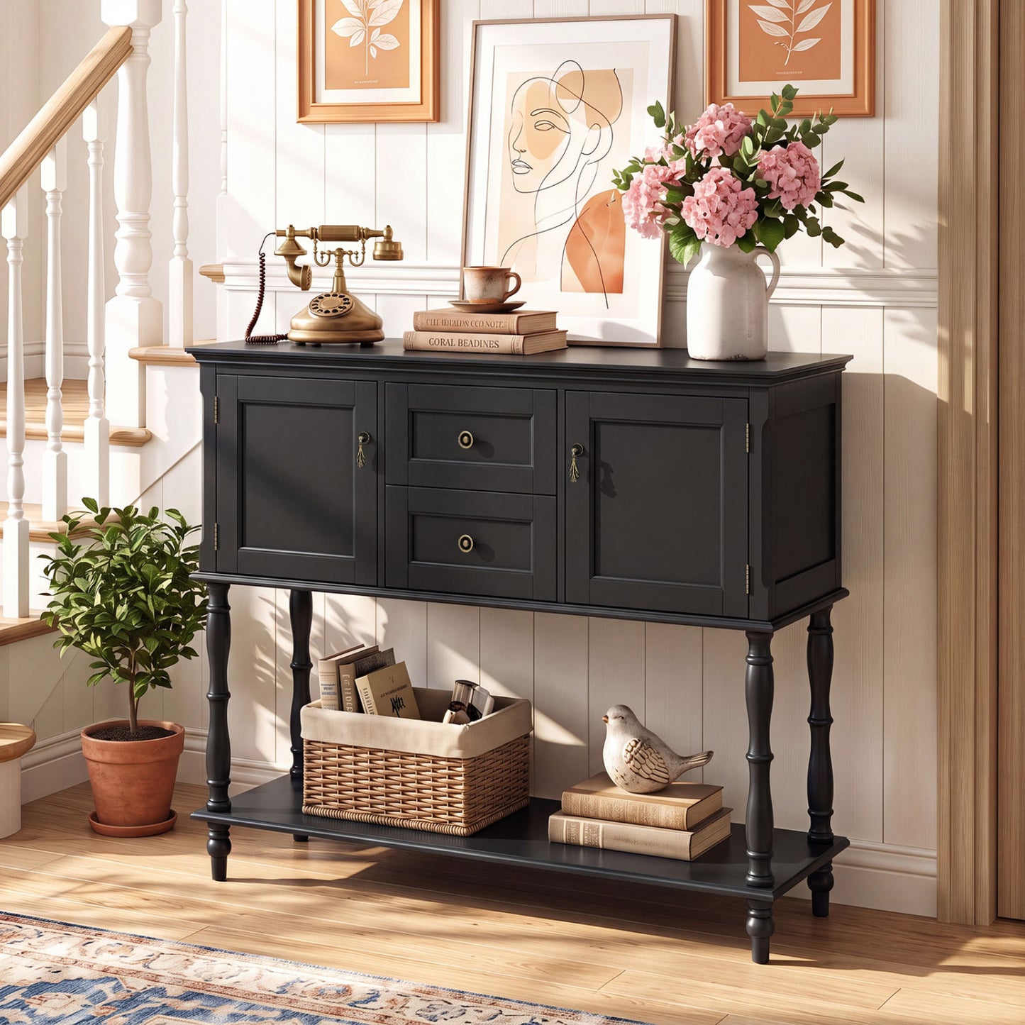 Console Table with 2 Drawers and 2 Door Cabinets and Bottom Storage Shelf-Black