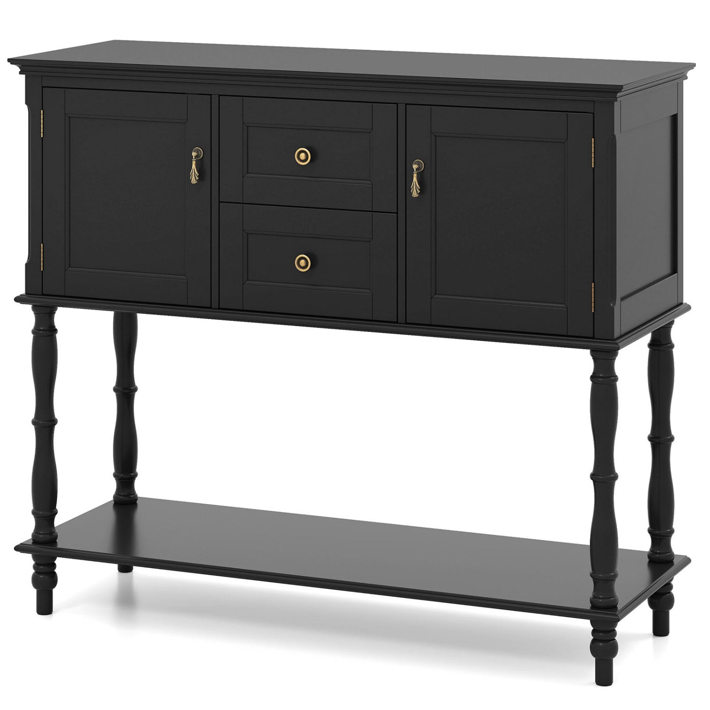 Console Table with 2 Drawers and 2 Door Cabinets and Bottom Storage Shelf-Black