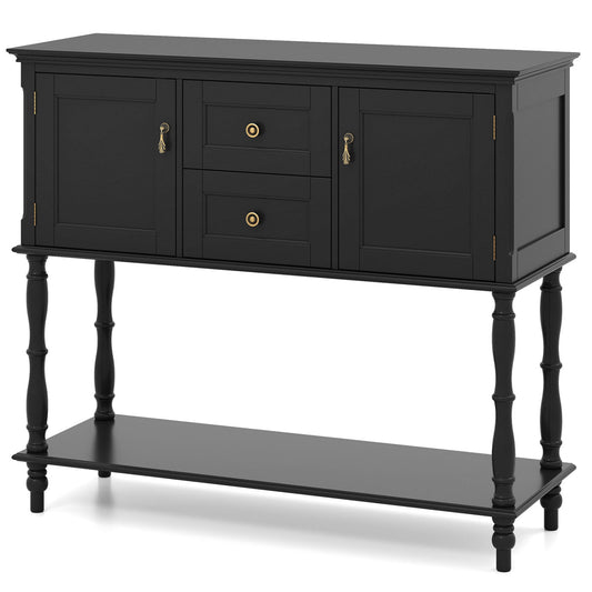 Black console table with 2 drawers, 2 door cabinets, and bottom shelf, ideal for entryway storage and decor.