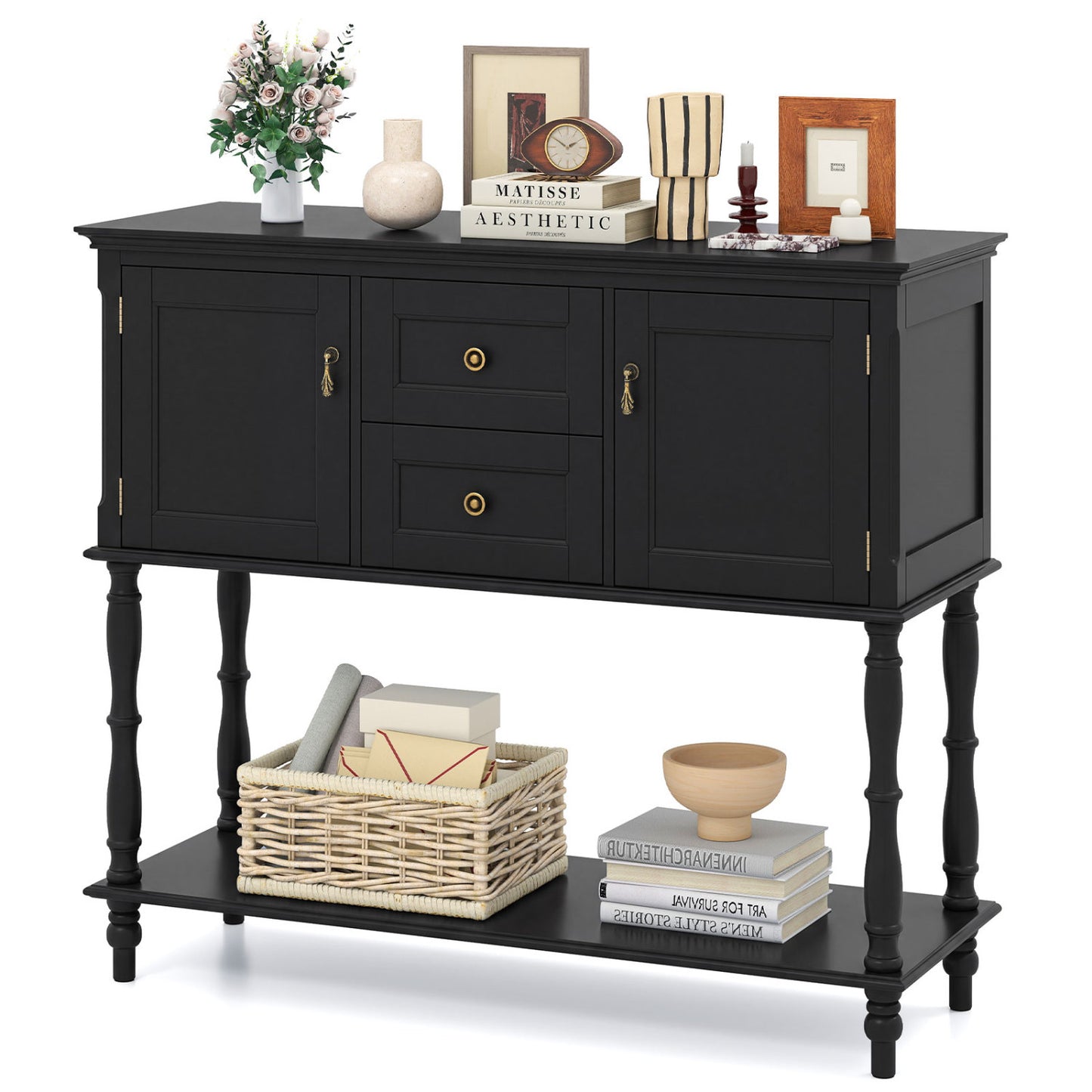 Console Table with 2 Drawers and 2 Door Cabinets and Bottom Storage Shelf-Black