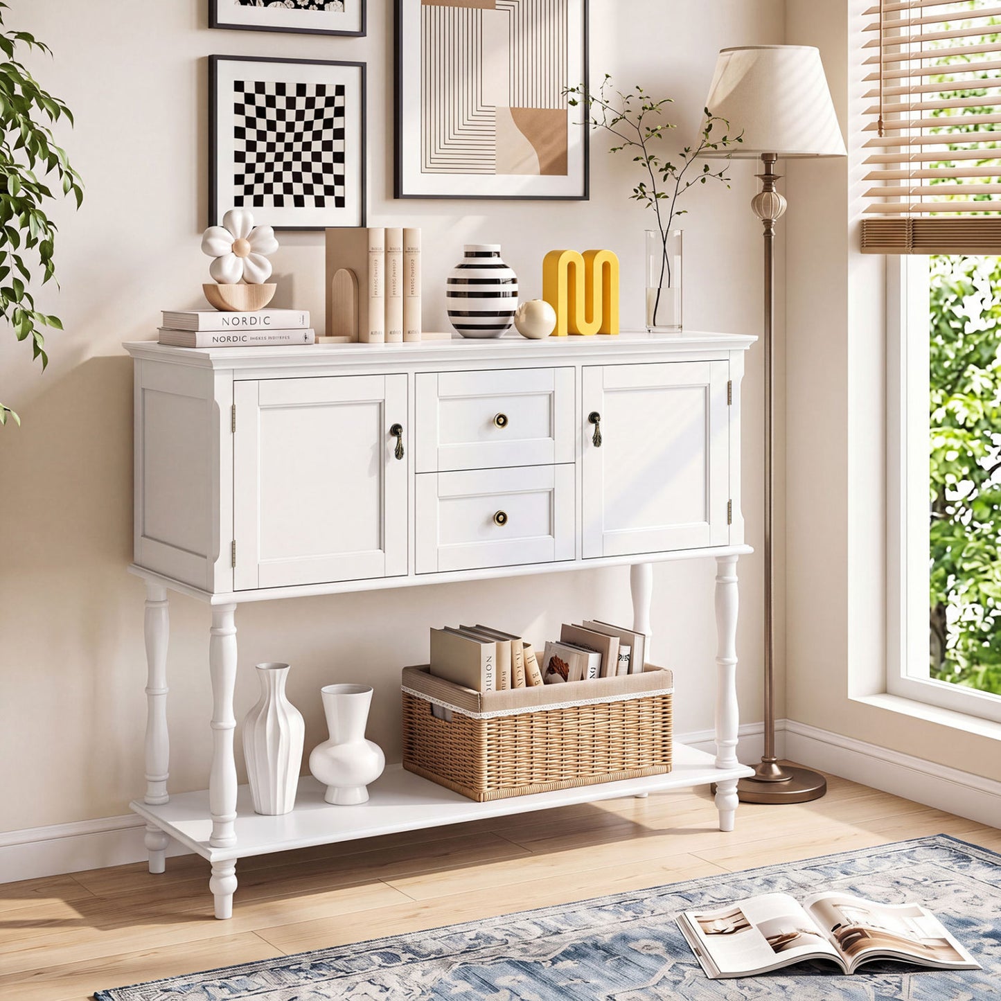 Console Table with 2 Drawers and 2 Door Cabinets and Bottom Storage Shelf-Black