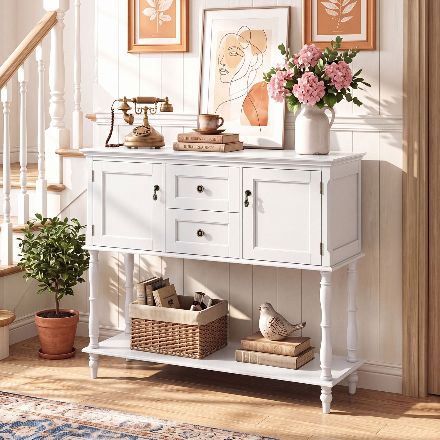 Console Table with 2 Drawers and 2 Door Cabinets and Bottom Storage Shelf-Black