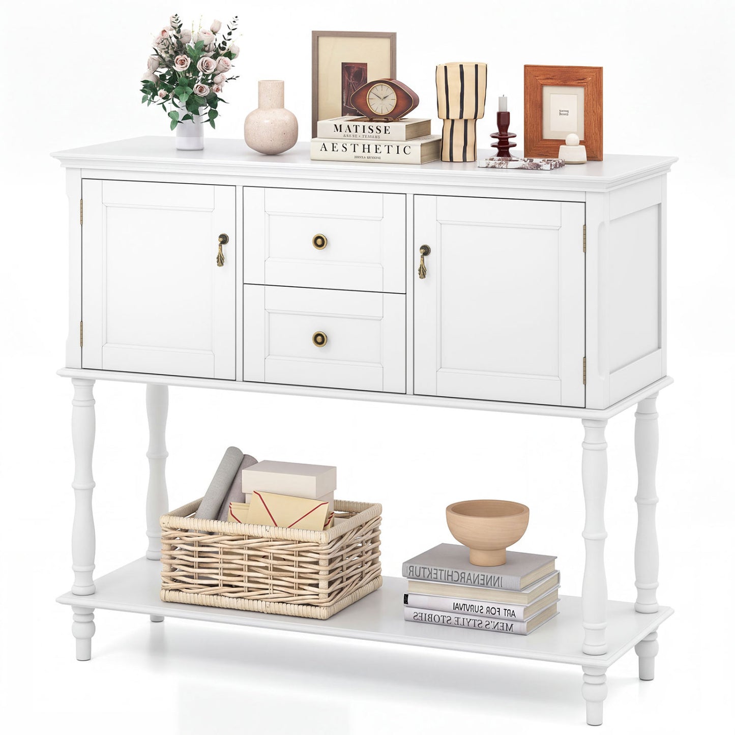 Console Table with 2 Drawers and 2 Door Cabinets and Bottom Storage Shelf-Black