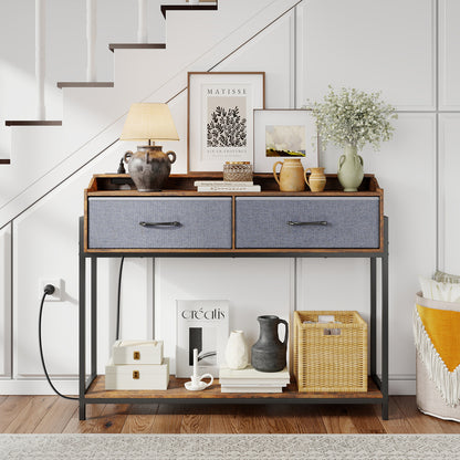 Console Table with Charging Station 110 cm Narrow Entryway Table with 2 Drawers and Shelves-Gray