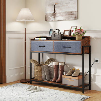 Console Table with Charging Station 110 cm Narrow Entryway Table with 2 Drawers and Shelves-Gray