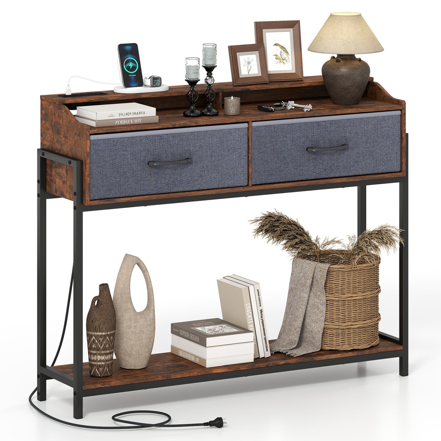 Console Table with Charging Station 110 cm Narrow Entryway Table with 2 Drawers and Shelves-Gray