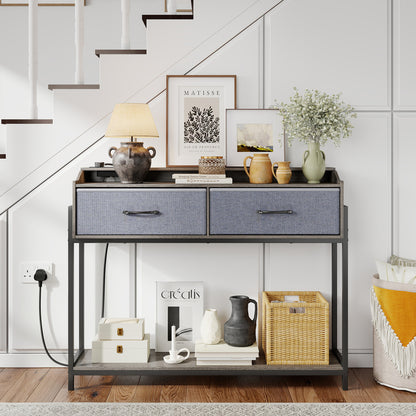 Console Table with Charging Station 110 cm Narrow Entryway Table with 2 Drawers and Shelves-Gray