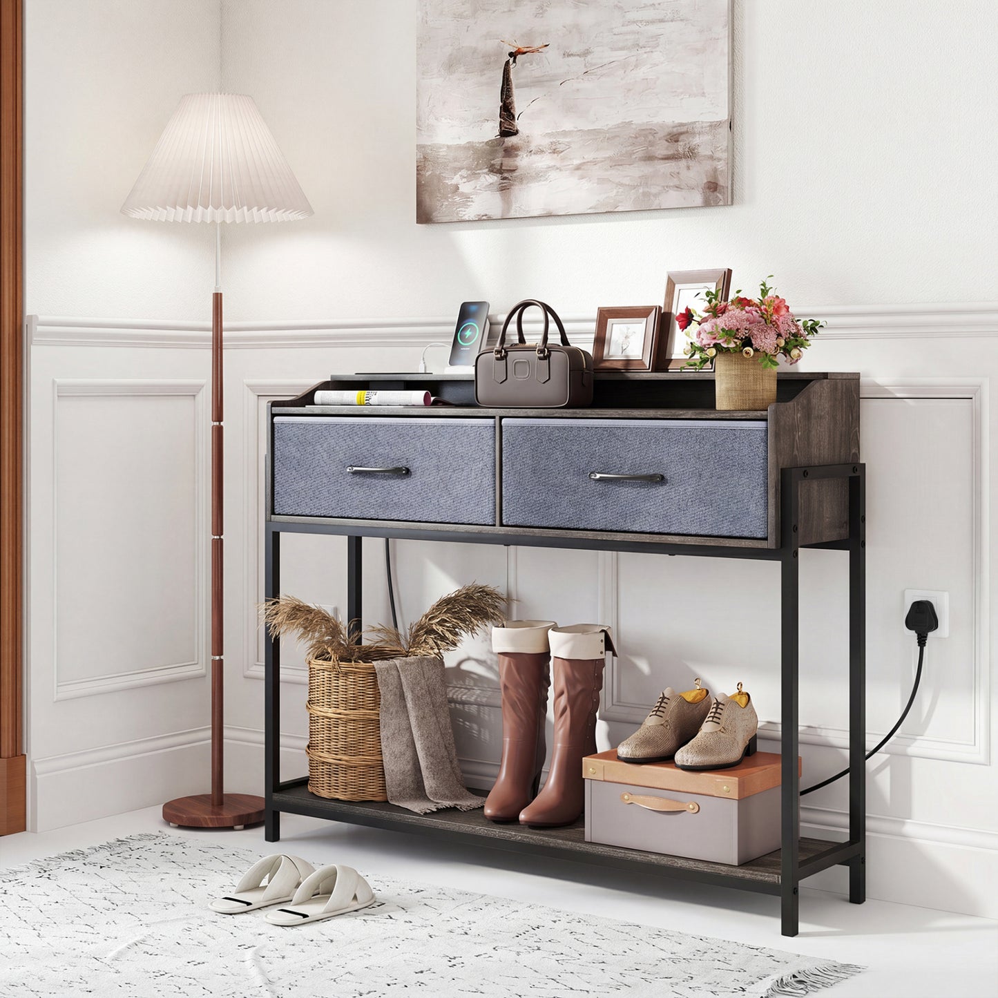 Console Table with Charging Station 110 cm Narrow Entryway Table with 2 Drawers and Shelves-Gray