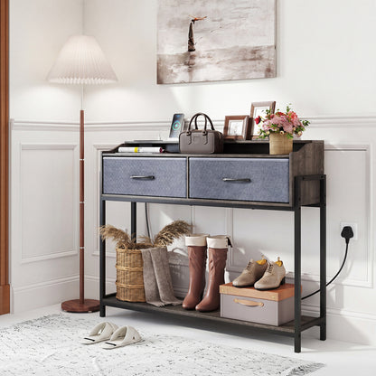 Console Table with Charging Station 110 cm Narrow Entryway Table with 2 Drawers and Shelves-Gray