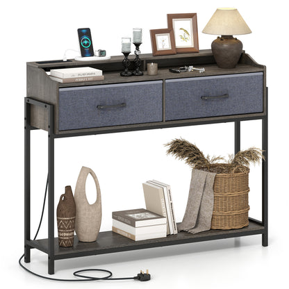 Console Table with Charging Station 110 cm Narrow Entryway Table with 2 Drawers and Shelves-Gray