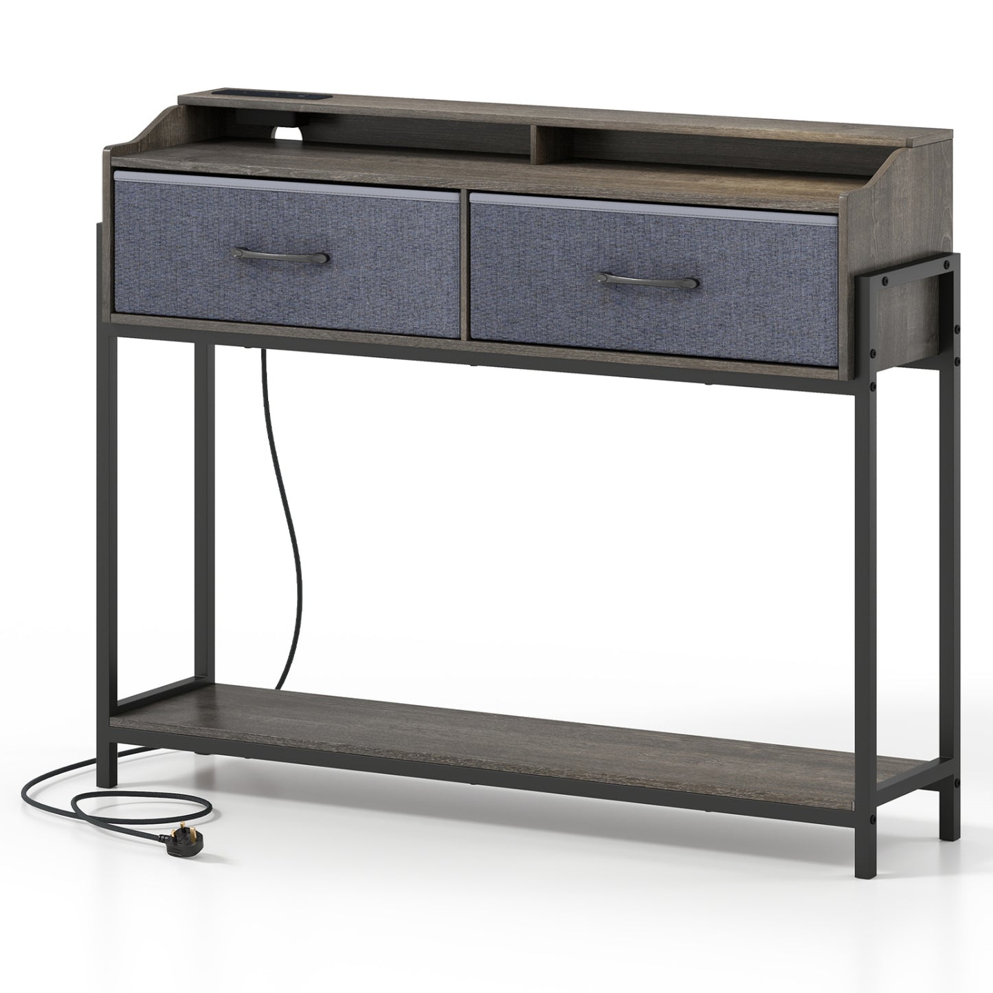 Console Table with Charging Station 110 cm Narrow Entryway Table with 2 Drawers and Shelves-Gray