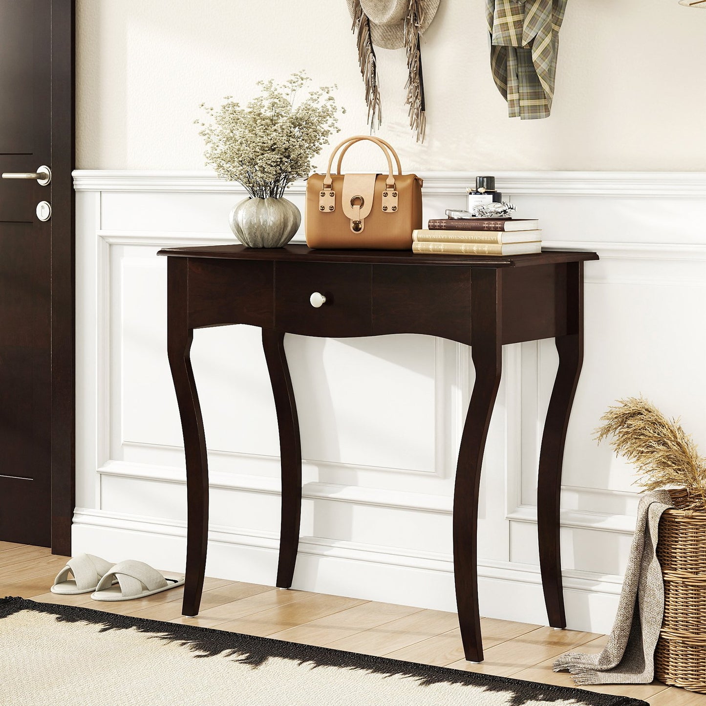 Console Table with Drawer and Solid Wood Frame-Espresso