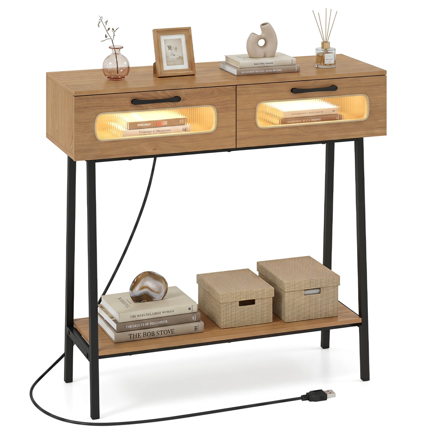 Natural wood console table with LED lights and open shelf for hallway entrance, modern design by Wilsons Home Store