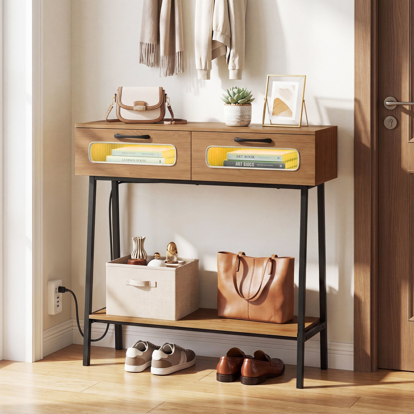 Natural wooden console table with built-in LED lights and open shelf, ideal for hallway entrance decor.