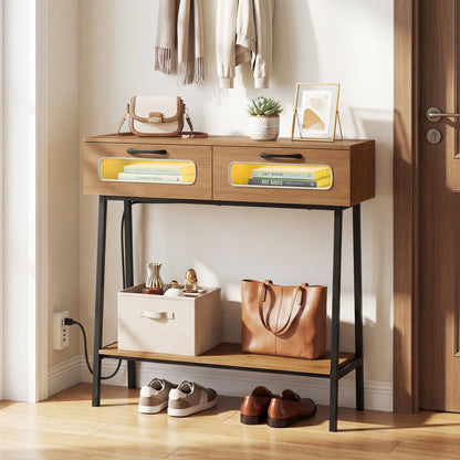 Natural wooden console table with built-in LED lights and open shelf, ideal for hallway entrance decor.