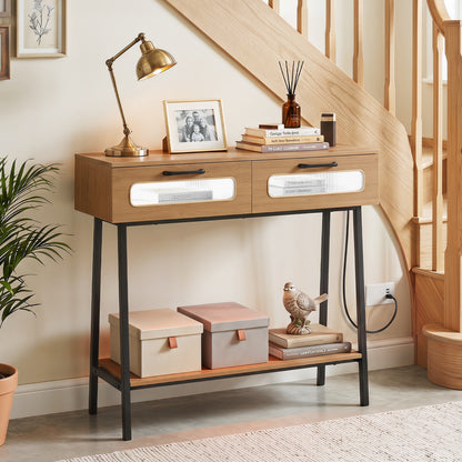 Natural wood console table with LED lights and open shelf, ideal for hallway entrances, by Wilsons Home Store.