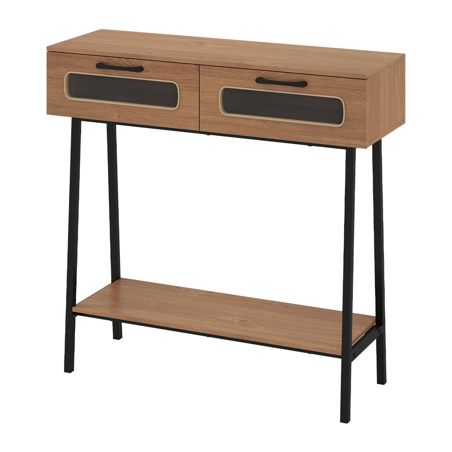 Natural wood console table with LED lights and open shelf for hallway or entrance, by Wilsons Home Store.