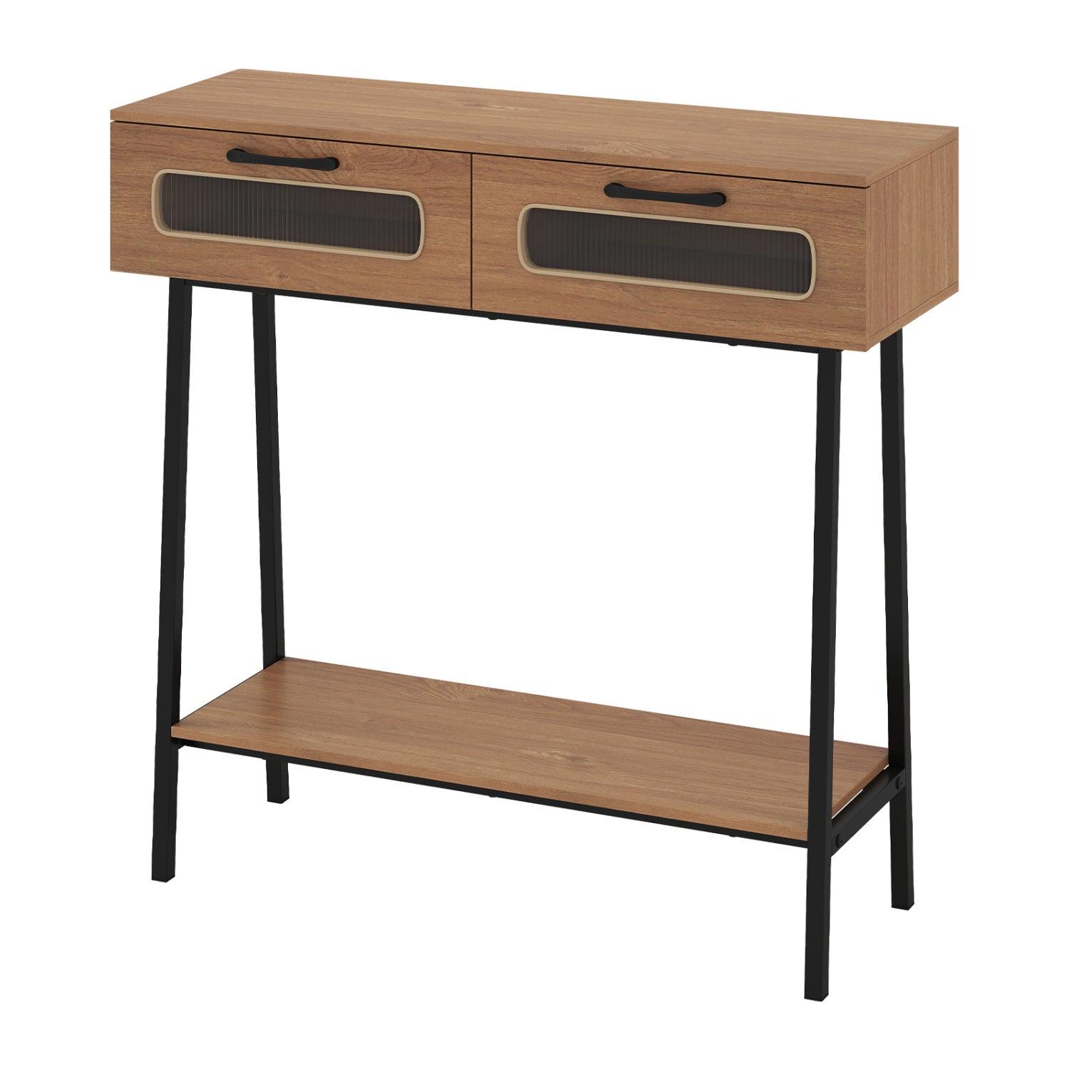 Natural wood console table with LED lights and open shelf for hallway or entrance, by Wilsons Home Store.
