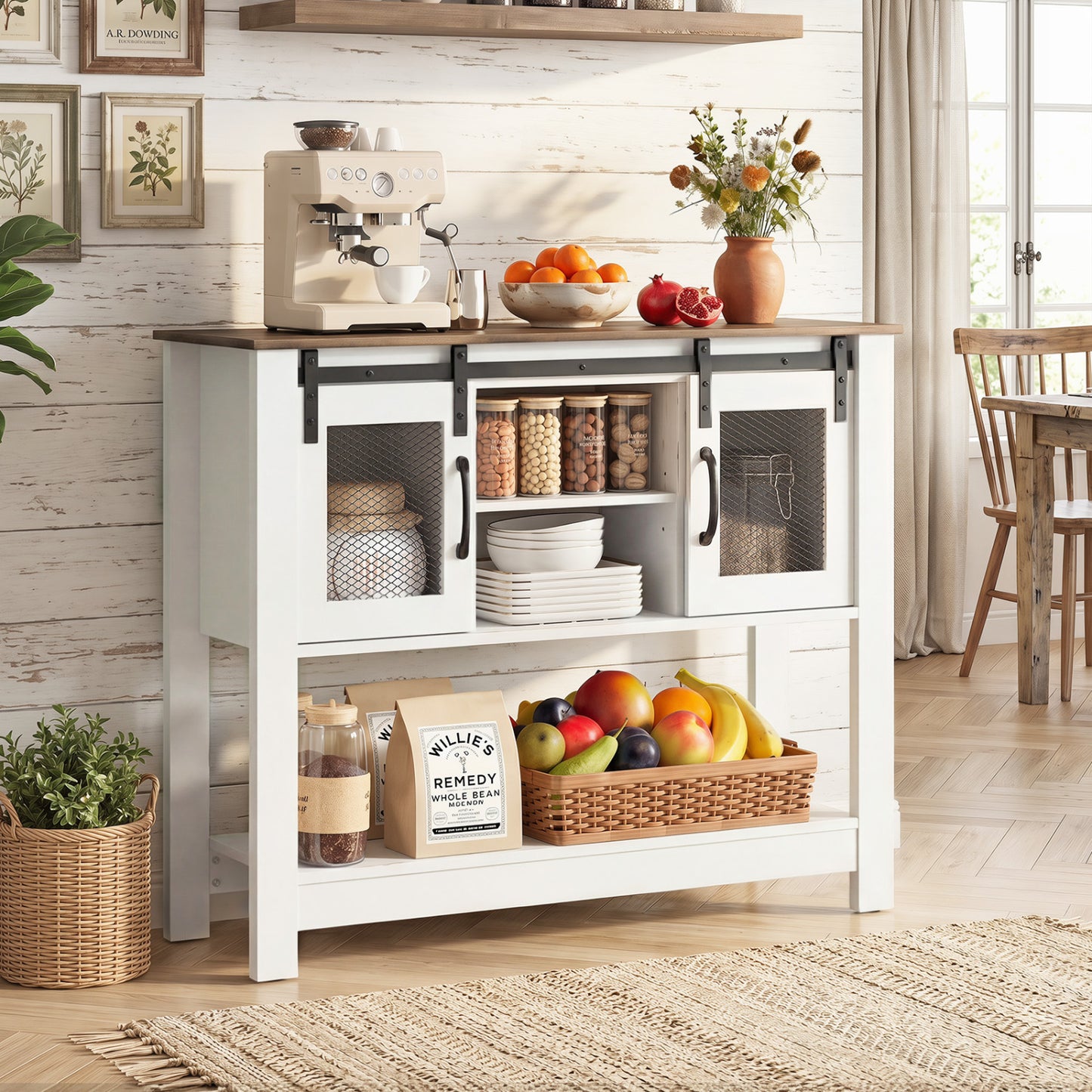 Rustic brown console table with sliding barn doors and storage cabinets, ideal for entryway decor and organization.