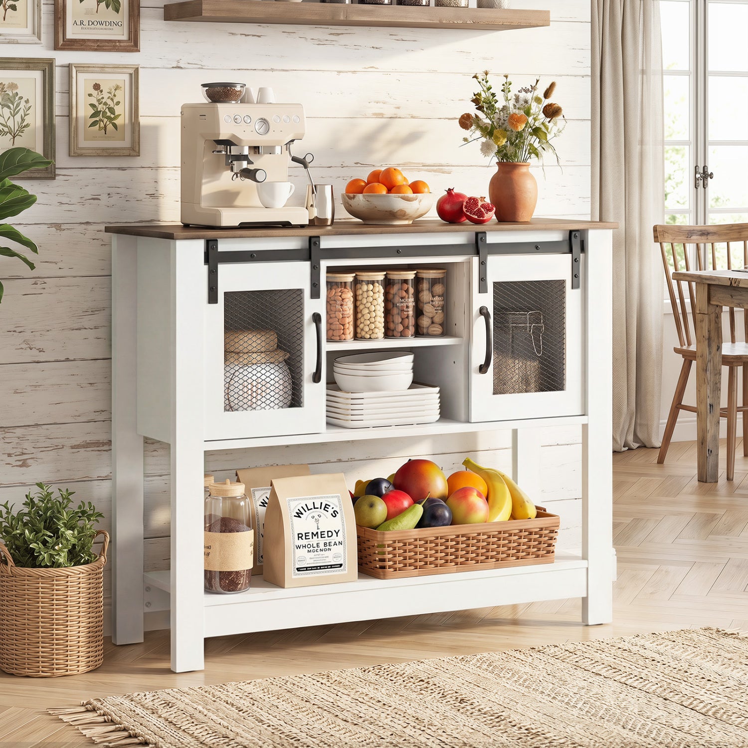 Rustic brown console table with sliding barn doors and storage cabinets, ideal for entryway decor and organization.