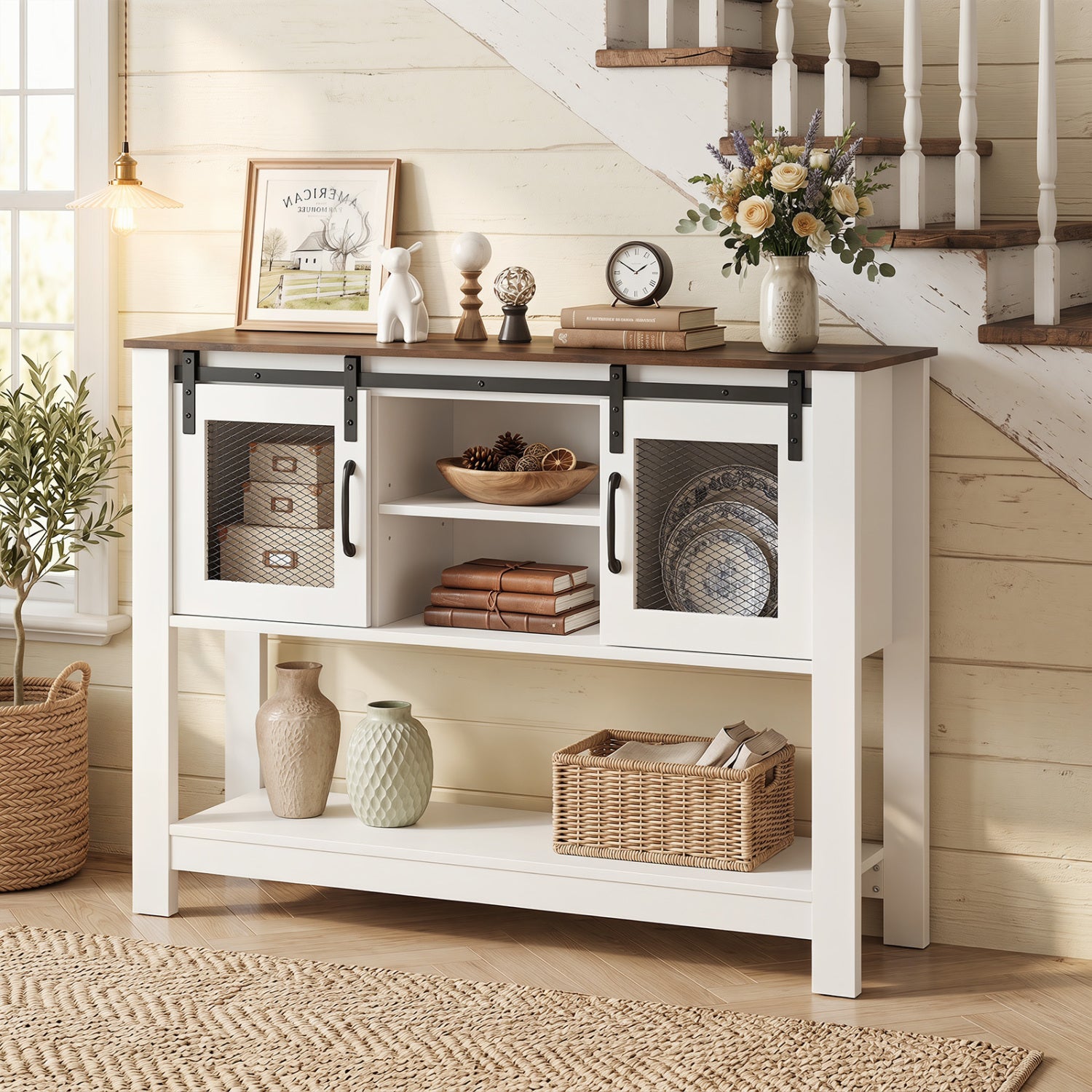 Rustic brown console table with sliding barn doors and storage cabinets, ideal for entryway decor and organization.