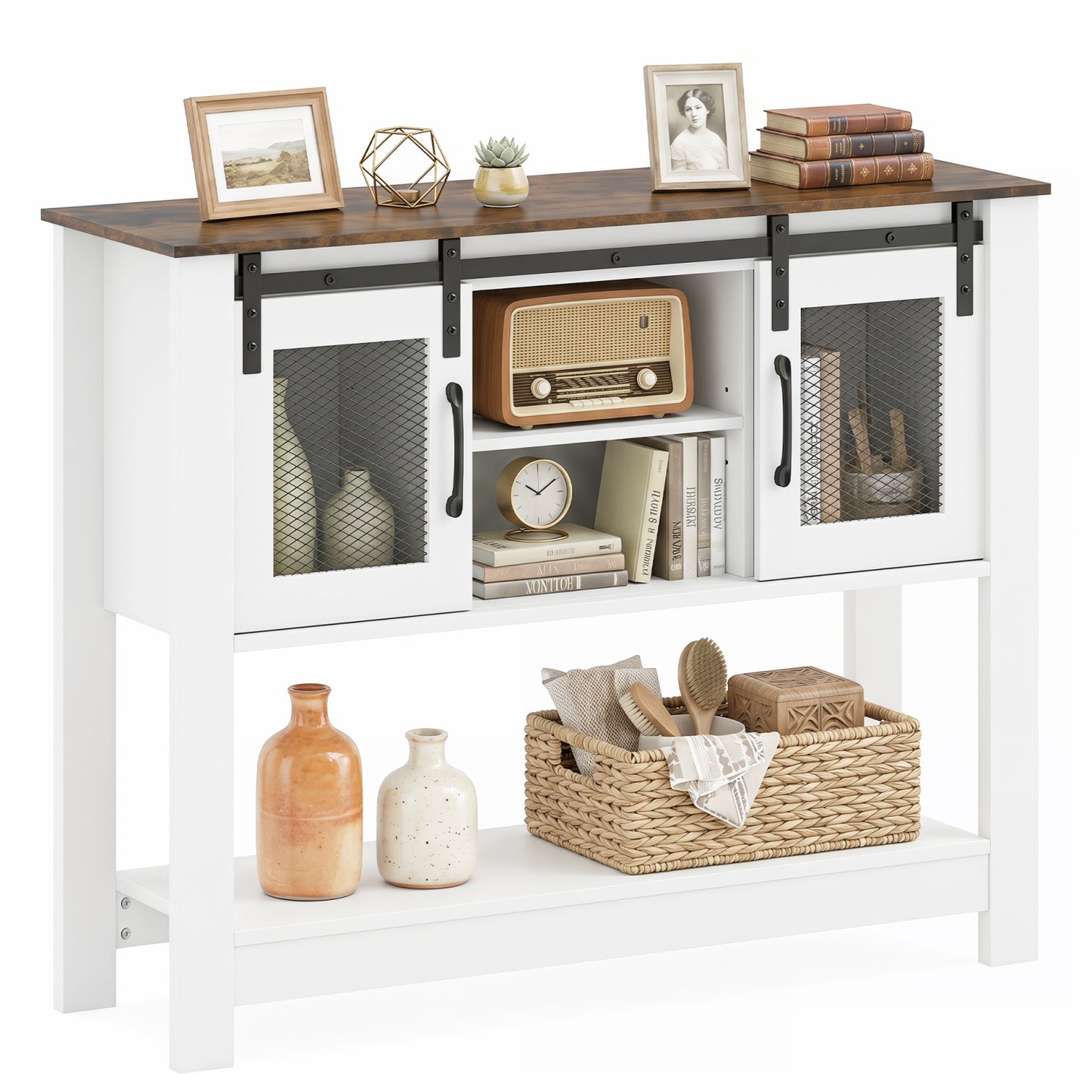 Rustic brown console table with sliding barn doors and storage cabinets, ideal for entryway furniture.