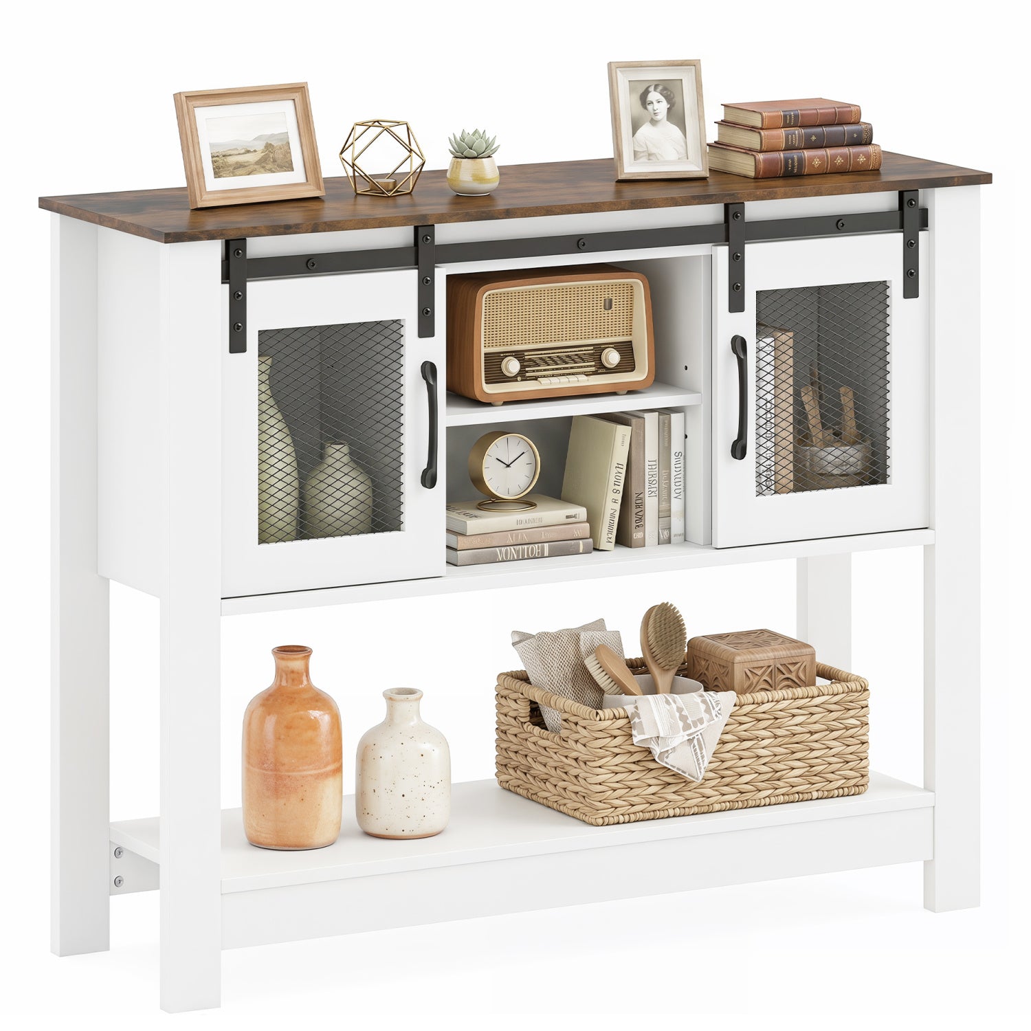 Rustic brown console table with sliding barn doors and storage cabinets, ideal for entryway furniture.