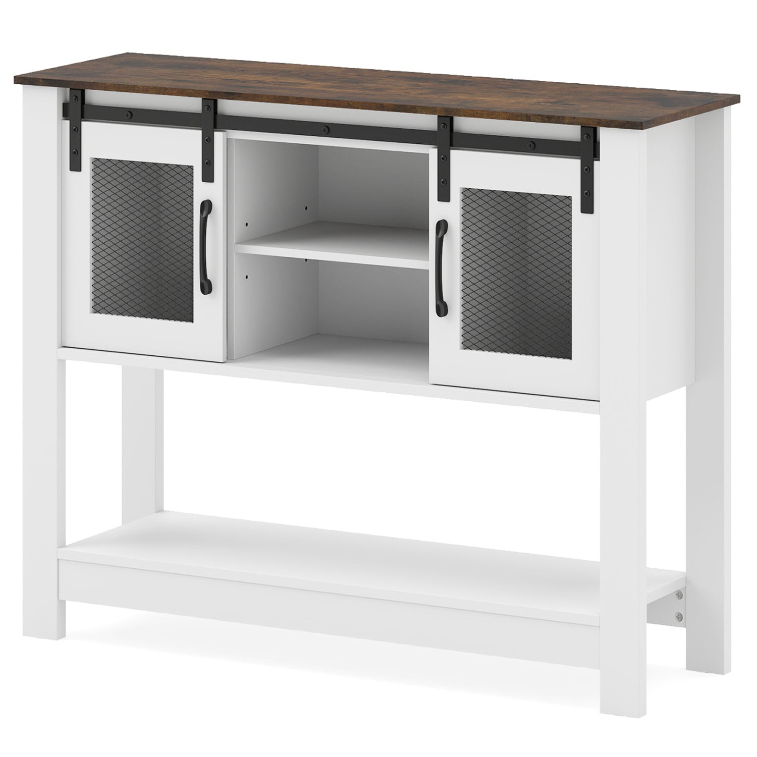 Rustic brown console table with sliding barn doors and storage cabinets, ideal for entryway decor and organization.