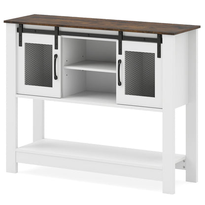 Rustic brown console table with sliding barn doors and storage cabinets, ideal for entryway decor and organization.