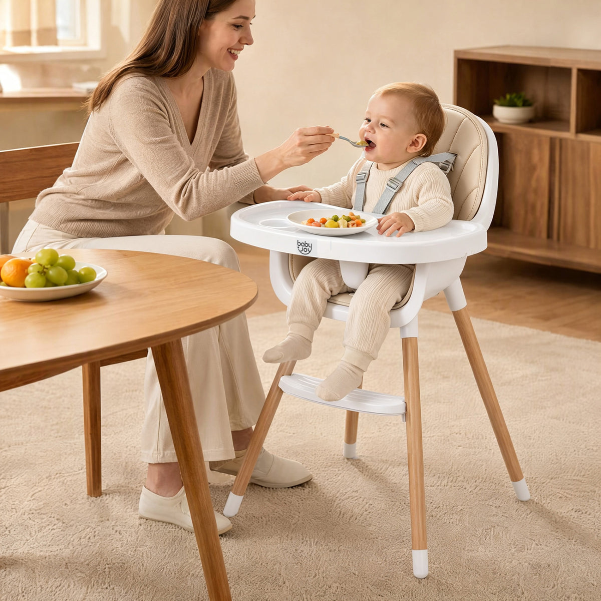 Convertible High Chair with 5-Point Harness for Babies and Toddlers-Beige