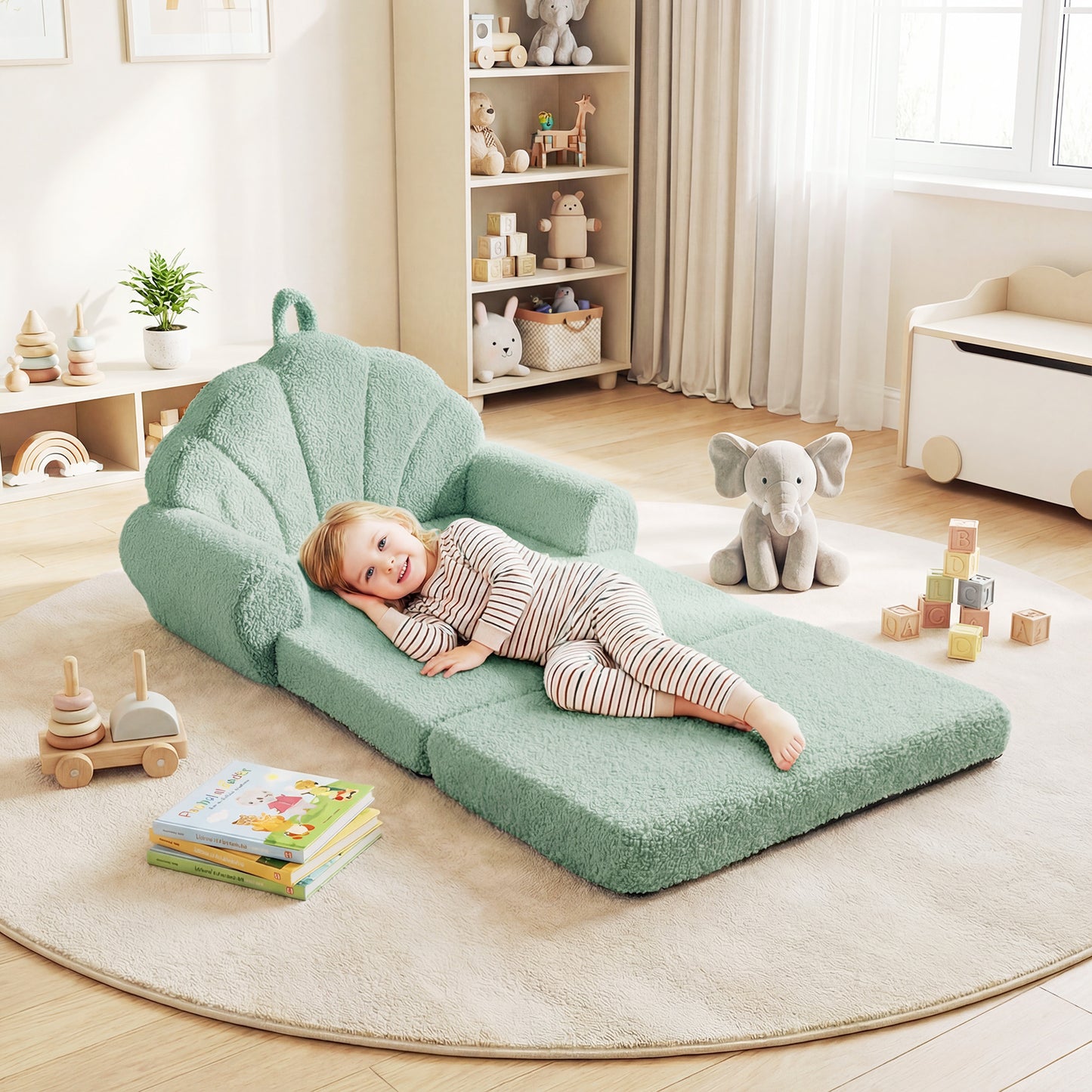 Convertible Kids Sofa 2-in-1 Fold out Toddler Couch Chair-Beige