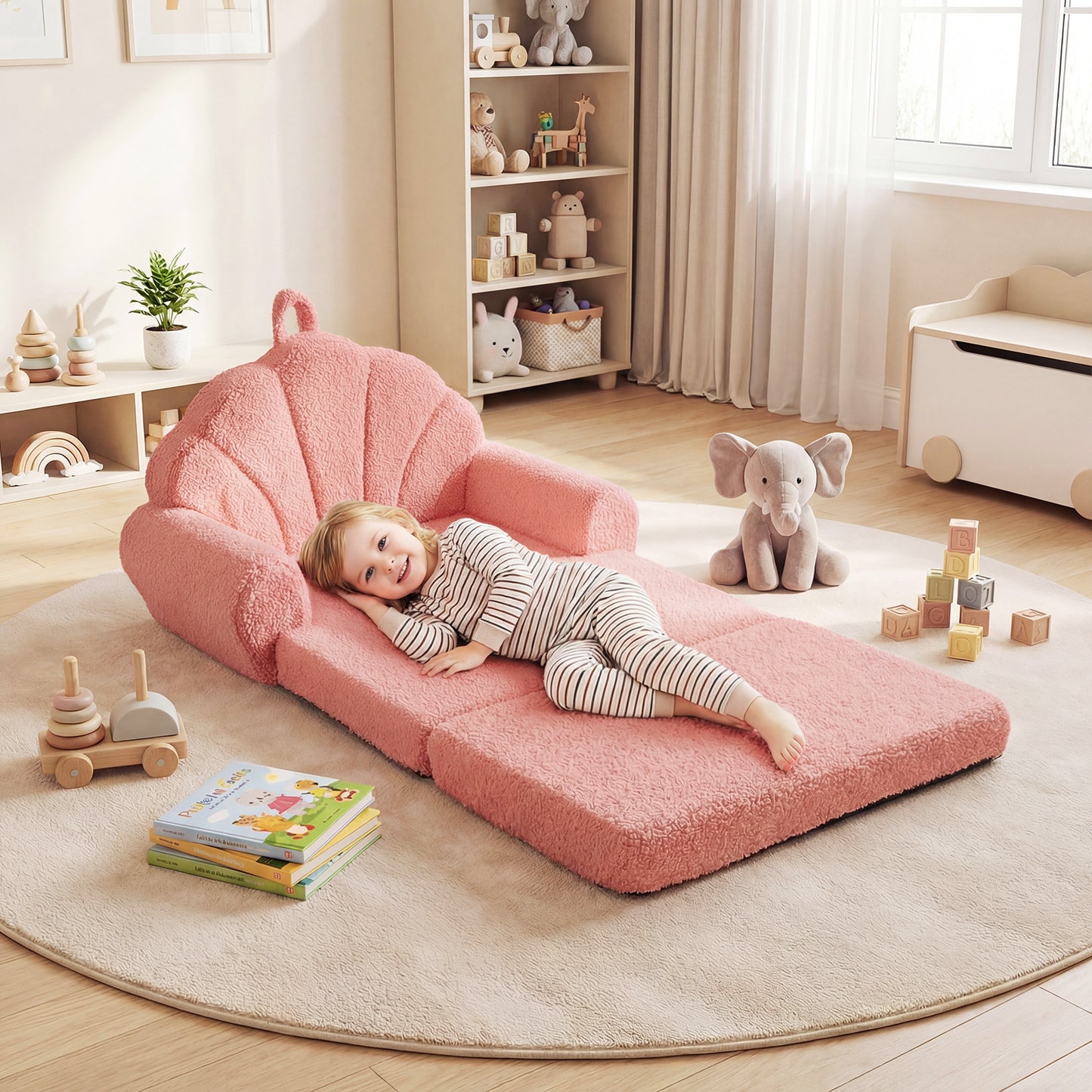 Convertible Kids Sofa 2-in-1 Fold out Toddler Couch Chair-Beige
