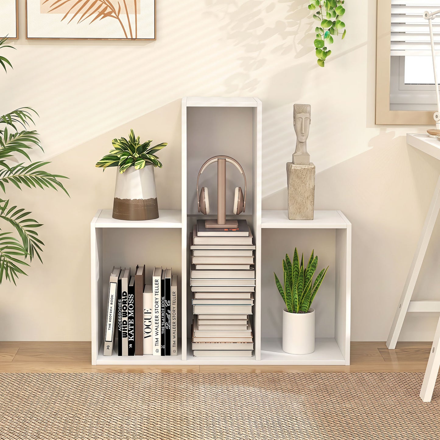 Convex Bookshelf with 3 Open Shelves & Anti-Toppling Device for Living Room-White
