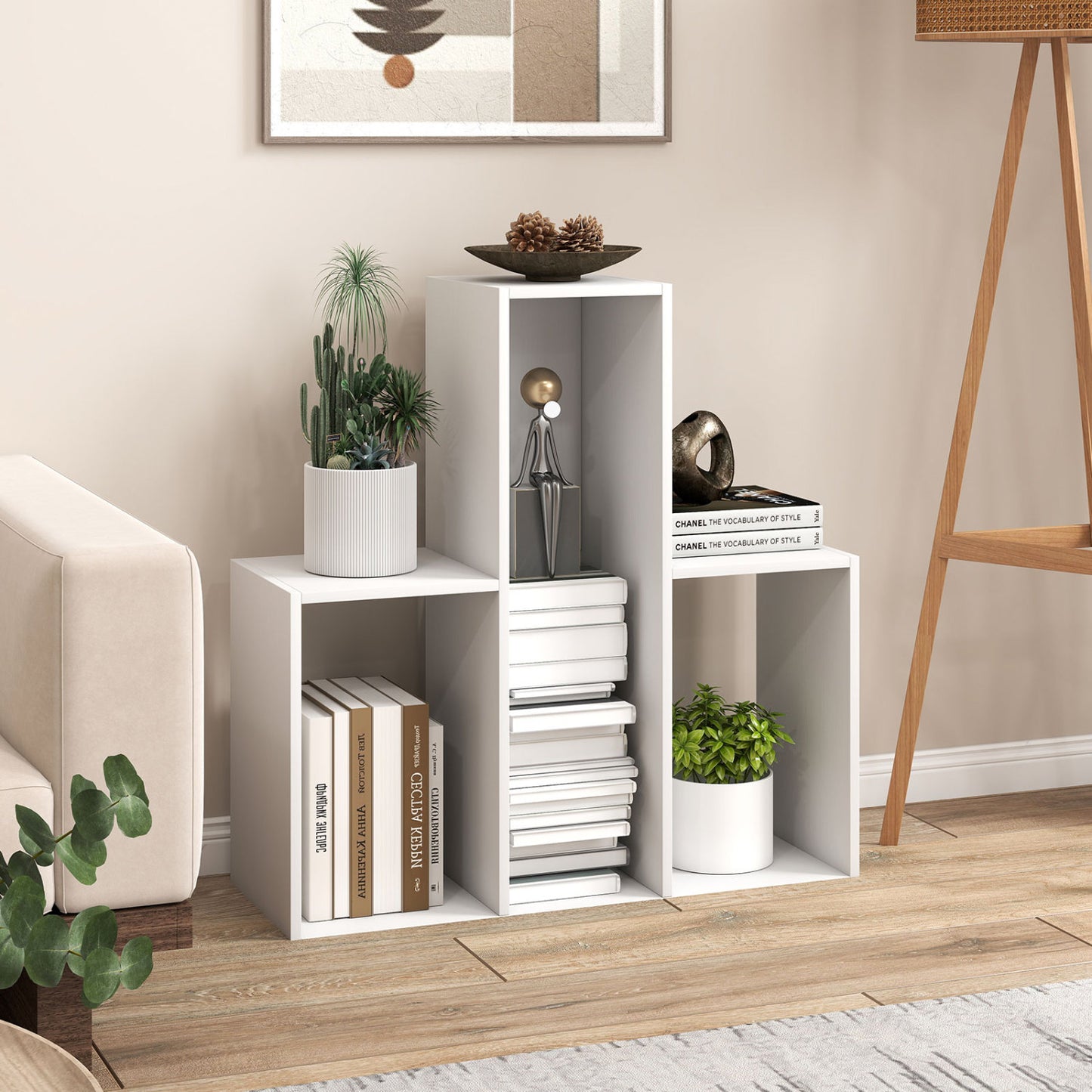 Convex Bookshelf with 3 Open Shelves & Anti-Toppling Device for Living Room-White
