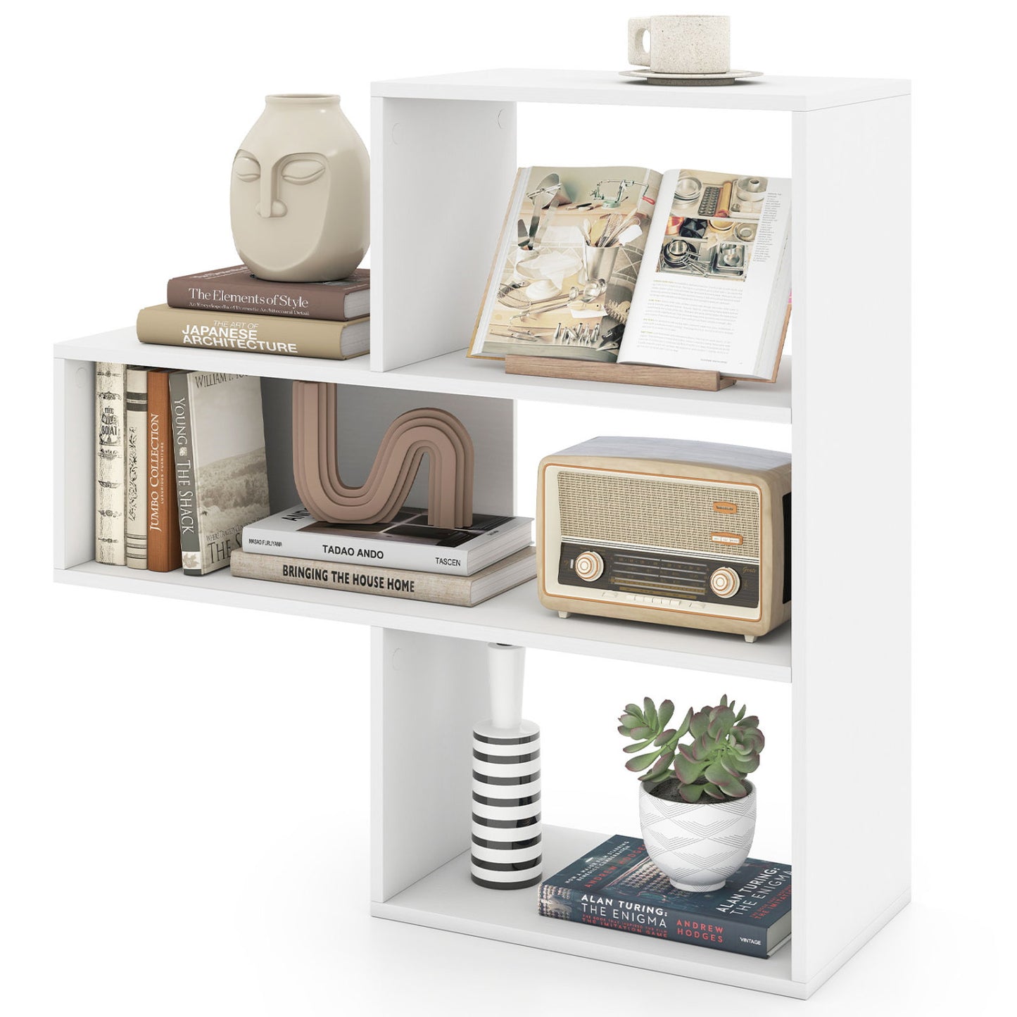 Convex Bookshelf with 3 Open Shelves & Anti-Toppling Device for Living Room-White