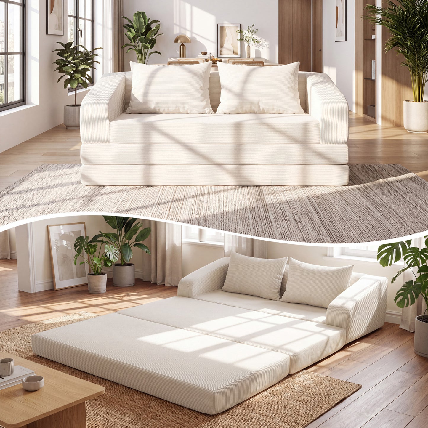 Corduroy Loveseat Sleeper Sofa with 2 Back Cushions for Living Room Bedroom Apartment-Beige