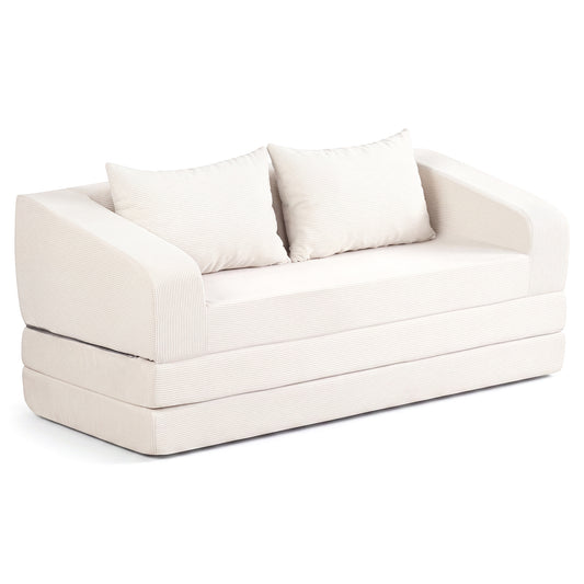 Beige corduroy loveseat sleeper sofa with two back cushions, suitable for living room, bedroom, or apartment spaces.