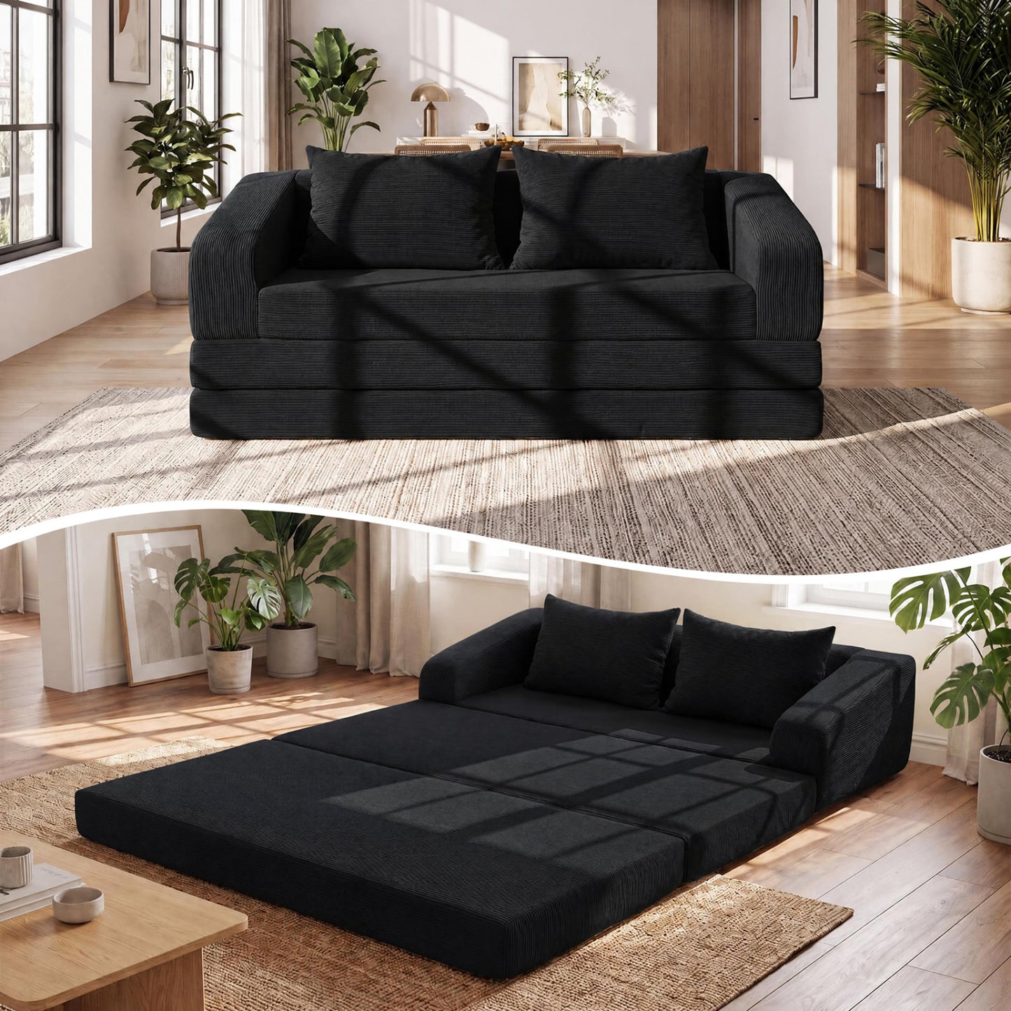 Corduroy Loveseat Sleeper Sofa with 2 Back Cushions for Living Room Bedroom Apartment-Beige