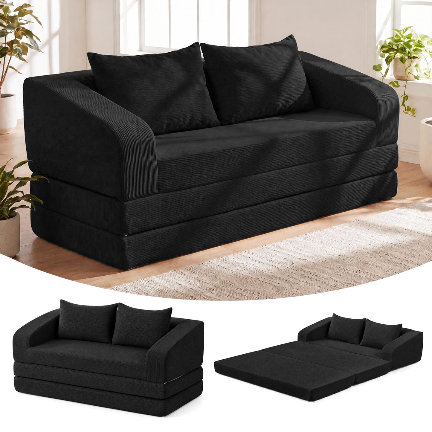 Corduroy Loveseat Sleeper Sofa with 2 Back Cushions for Living Room Bedroom Apartment-Beige