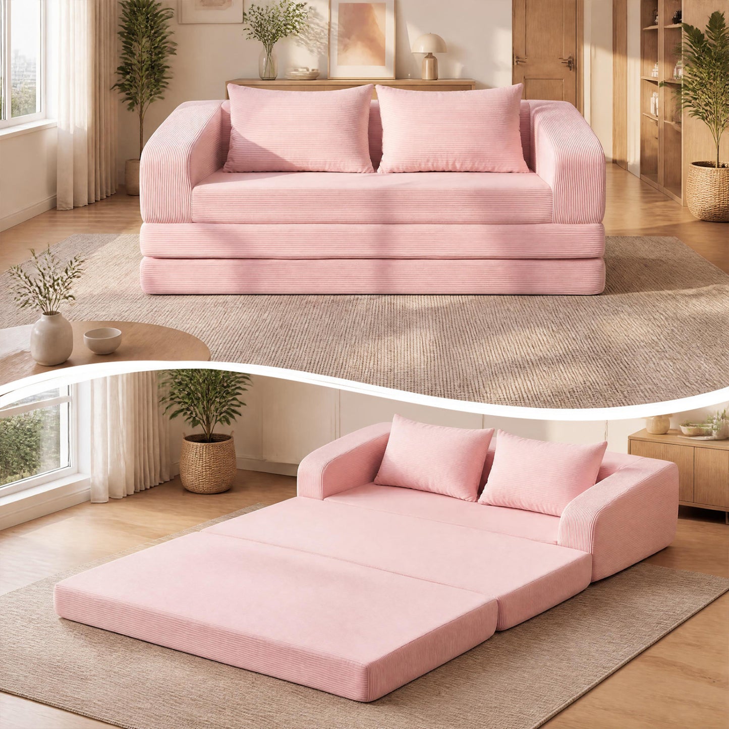 Corduroy Loveseat Sleeper Sofa with 2 Back Cushions for Living Room Bedroom Apartment-Beige
