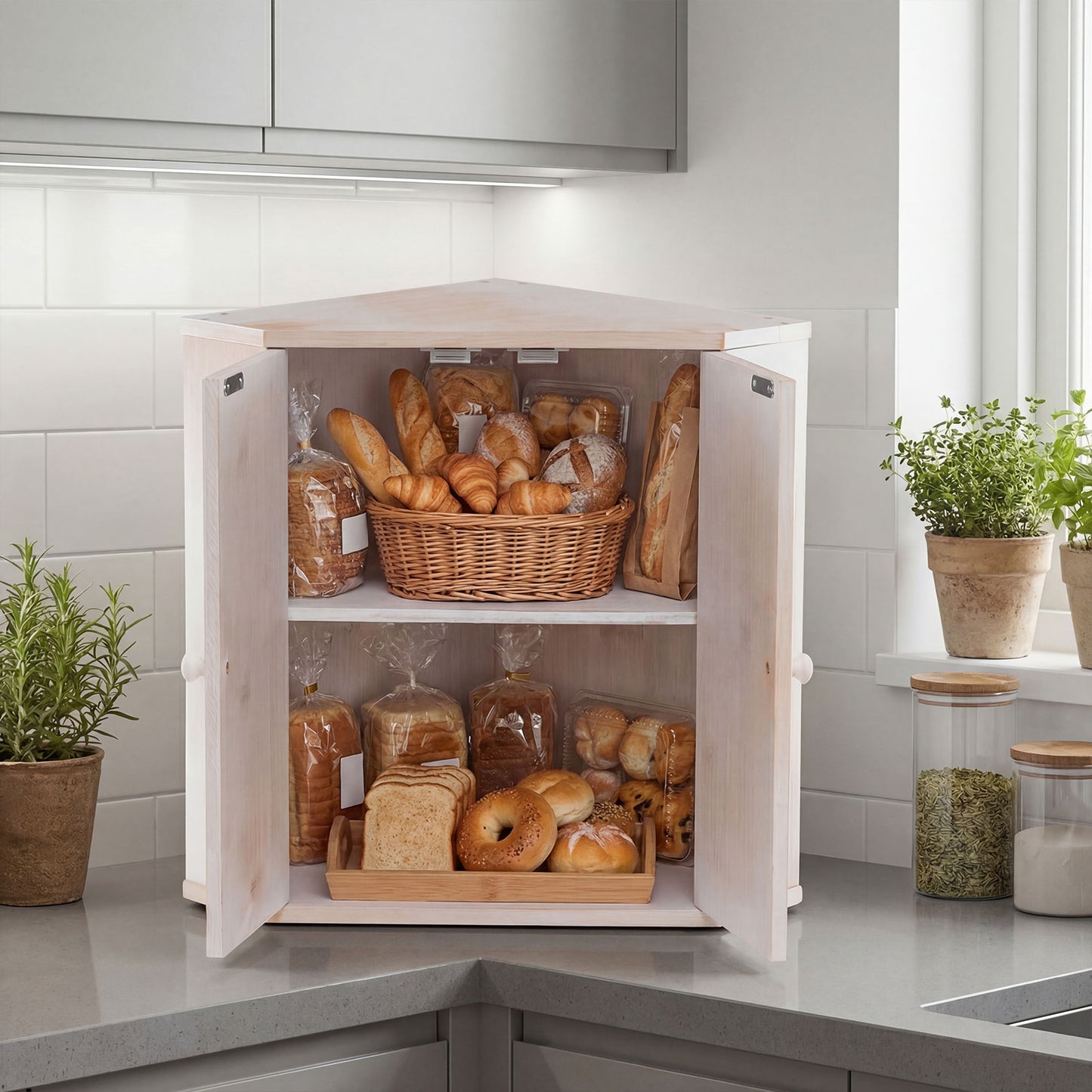 Corner Bread Box for Kitchen Counter Bamboo Double Layer Breadbox Organizer-White